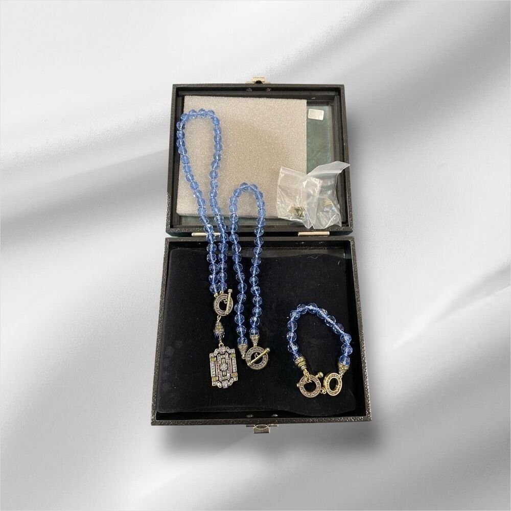 Heidi Daus Art Deco Periwinkle Blue Pave Crystal Necklace Bracelet Earrings Set